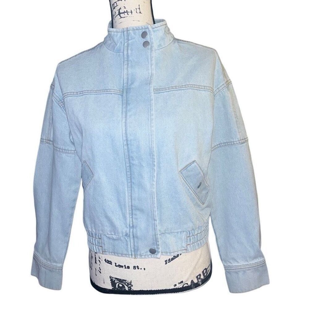 LA Coalition Light Wash Denim Bomber Jacket Mock Neck‎ Zip Up Blue  S